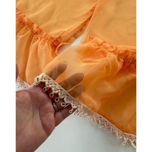 Vintage 70s curtains, orange sheer ruffled panels with cream lace, as a pair - Picture 5 of 10